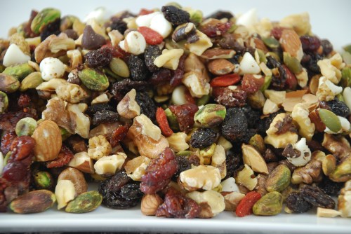 Homemade trail mix with nuts, raisins, berries and chocolate chips