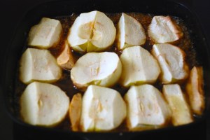 Step four: add the apples rounded side down and bake for 20 minutes.