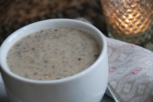 Myrtle Allen's mushroom soup in a white bowl.